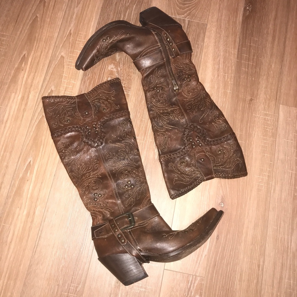 Corral Women's Size 8 1/2 Brown Leather Whip Stitch & Studs Tall Western Boots